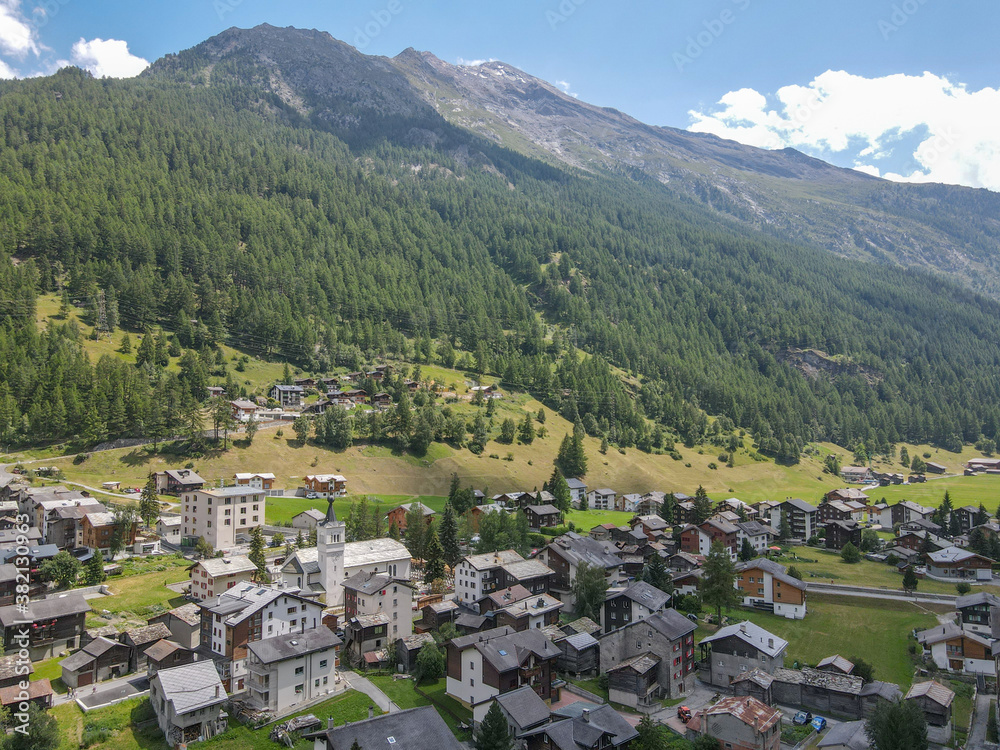 Aerial view at the village of Tasch near Zermatt on the Swiss alps