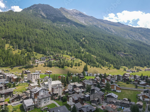 Aerial view at the village of Tasch near Zermatt on the Swiss alps photo