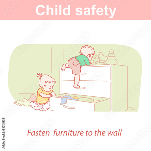 Baby safety. Two children and dangers at home.