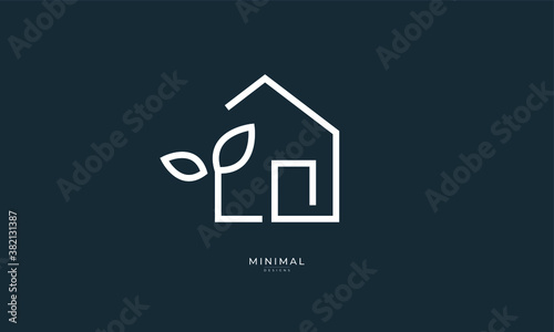 A line art icon logo of a house/home with a leaf/tree 