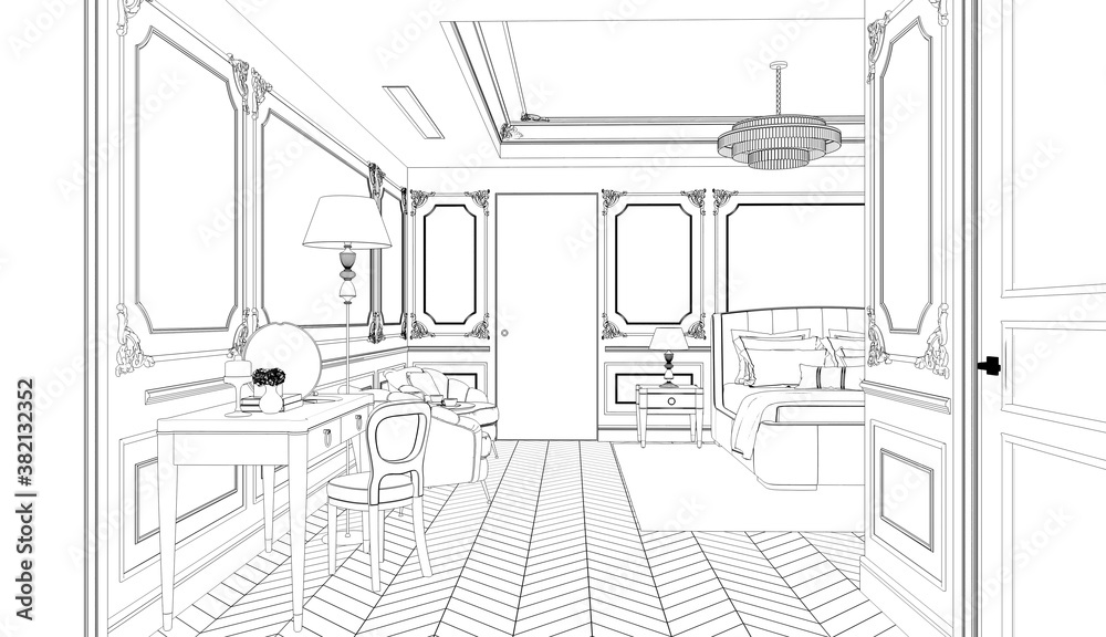 Fototapeta premium interior contour visualization, 3D illustration, sketch, outline