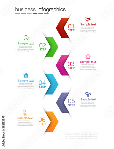 Business infographics design template with 6 options, steps or processes. Data visualization. Vector illustration