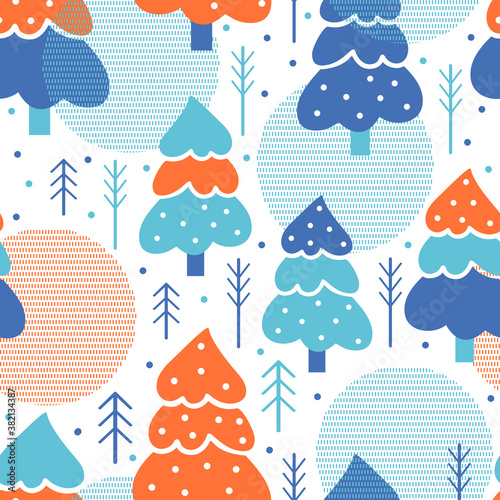 Abstract minimalistic seamless pattern of winter snow forest. Background with Christmas and new year trees in a simple geometric style. Winter landscape in scandinavian huge style. Vector illustration