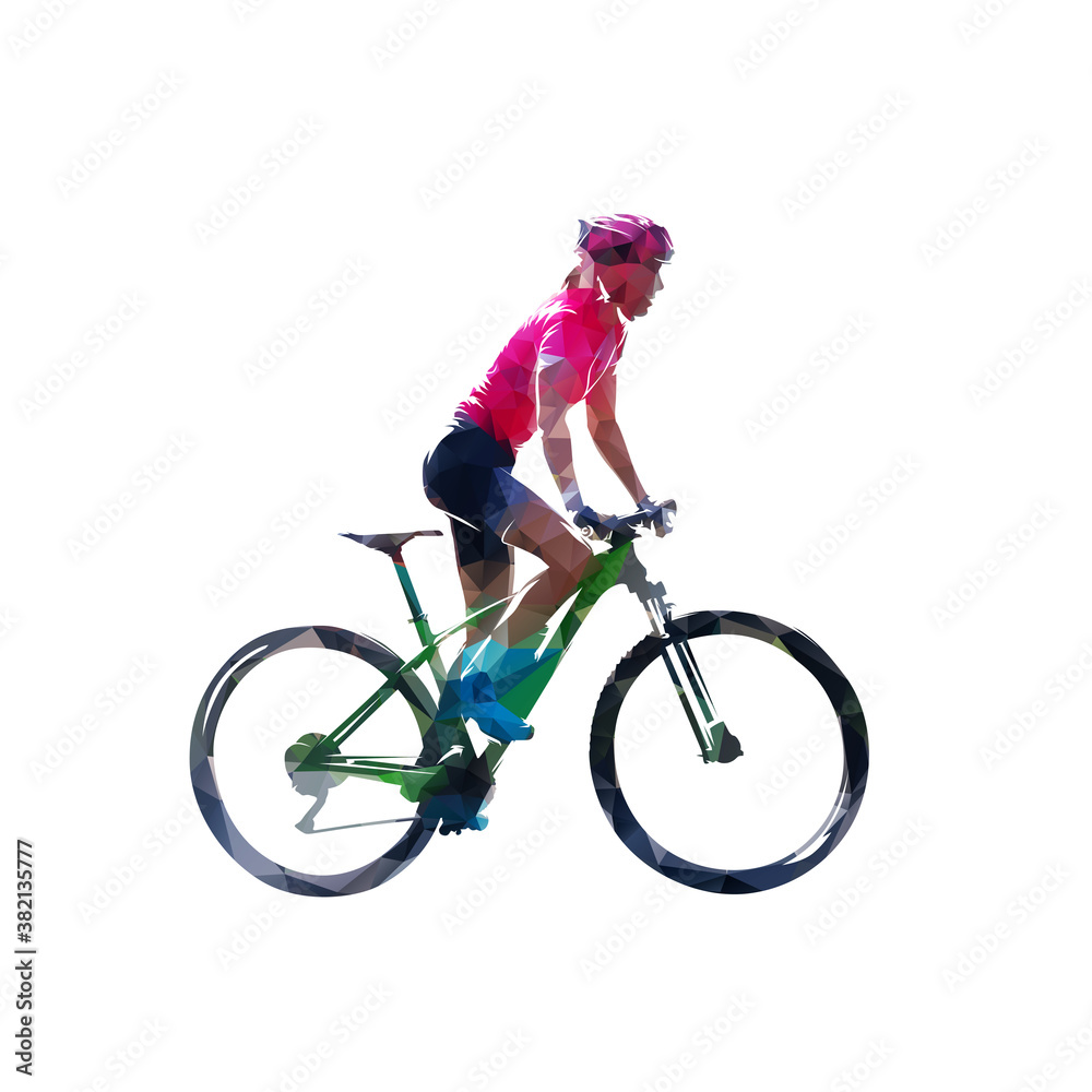 Naklejka premium Mtb rider, woman biker on her mountain bike, low polygonal side view isolated vector illustration