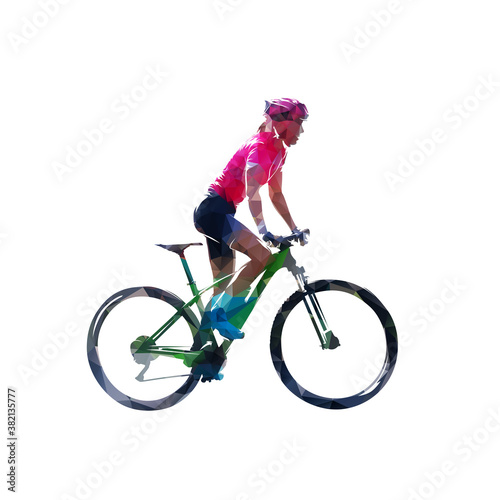 Mtb rider, woman biker on her mountain bike, low polygonal side view isolated vector illustration © michalsanca