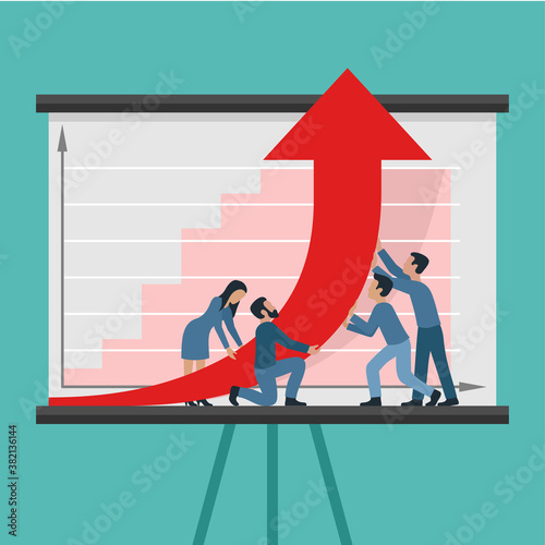 Profitable business concept - people group (working team of managers) in flipchart with graph holding arrow up - vector illustration of profit, growth, success, wealth