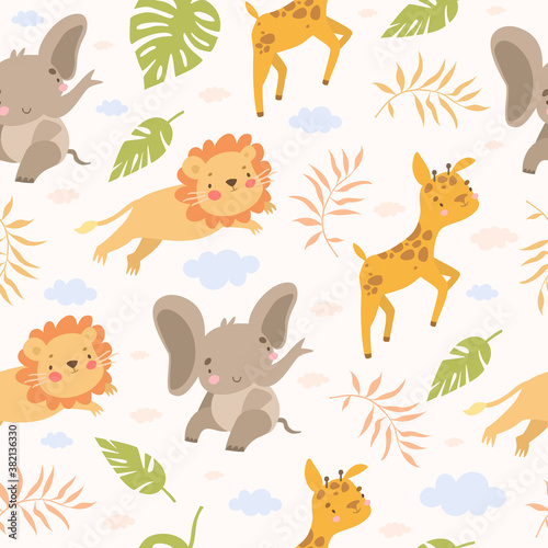 cute seamless safari pattern with elephant, giraffe and lion, exotic and tropical leaves for kids