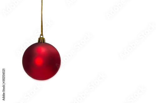 Christmas ball hanging on a ribbon isolated on white background, Holiday decoration template