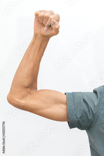 Strong human hand with muscles on white background