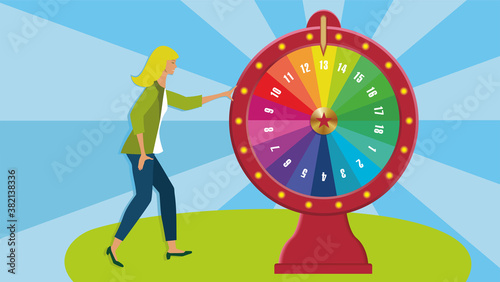 Spinning wheel, wheel of fortune and girl. Vector illustration. EPS10.