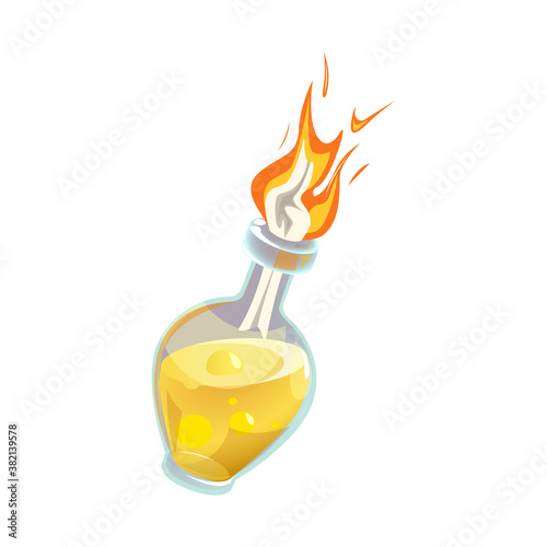 Molotov cocktail in cartoon style, burning bottle. Burning Molotov cocktail bottle.