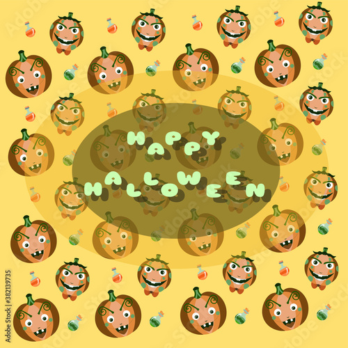 Halloween pattern illustration with pumpkins on the yellow colours with inscription