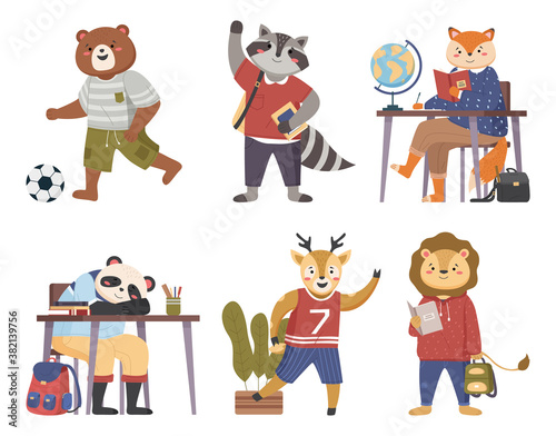 Collection of funny animals students. Cute cartoon pupils schoolkids in various situations in the lesson. Characters of forest inhabitants get an education, studying with books, siting at a desk