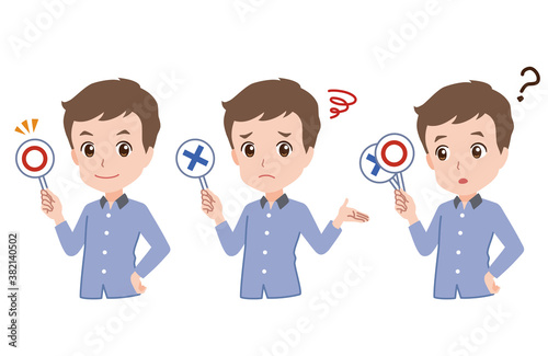 Illustration of a man holding up a card
