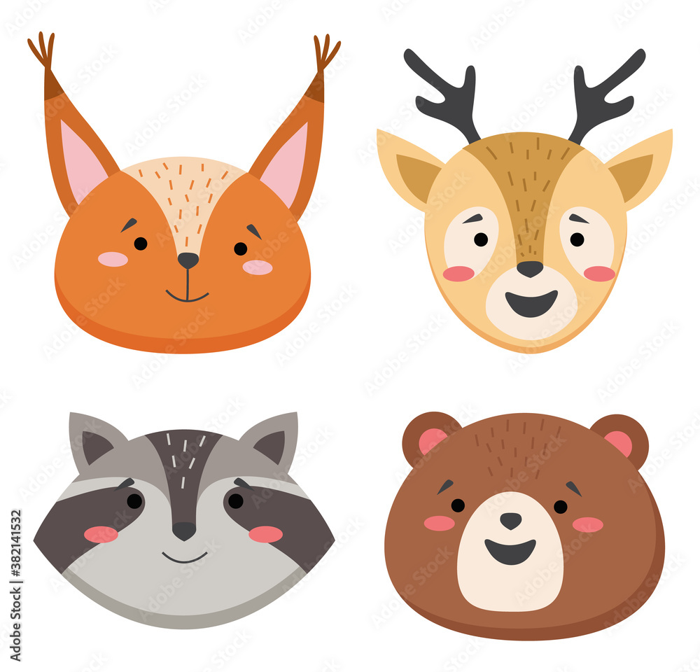 Cartoon avatar of the cute wild animals collection, childish characters  portrait isolated on white background. Emoji funny animal. Embarrassed  smile emotion. Template pattern icon. Logo, sticker Stock Vector | Adobe  Stock