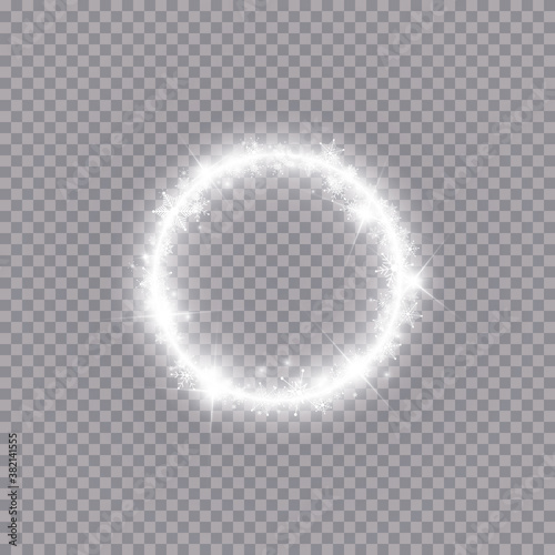 Round winter snow frame border with stars, sparkles and snowflakes on transparent background. Festive christmas banner, new year greeting card, postcard or invitation vector illustration