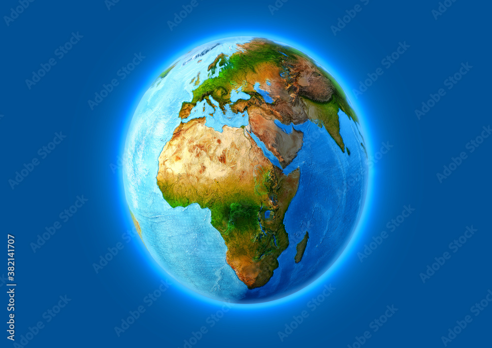 Earth from space isolated on blue background. Blue Earth globe with Europe, Africa, Asia