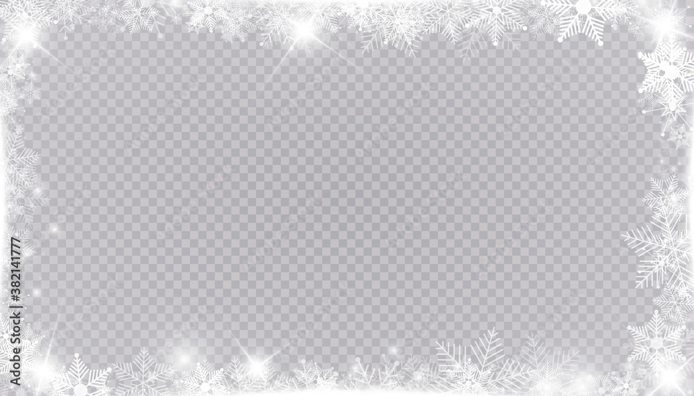 Rectangular winter snow frame border with stars, sparkles and snowflakes on transparent background. Festive christmas banner, new year greeting card, postcard or invitation vector illustration