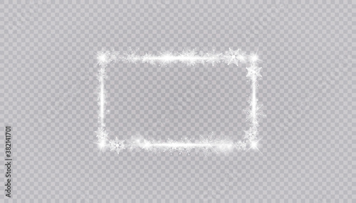 Rectangular winter snow frame border with stars, sparkles and snowflakes on transparent background. Festive christmas banner, new year greeting card, postcard or invitation vector illustration