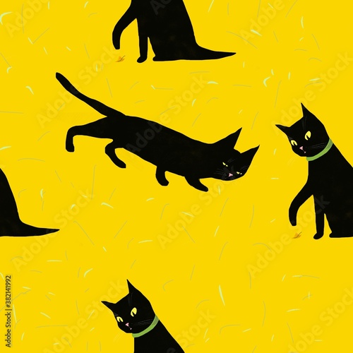 cat with eyes on yellow grunge background 