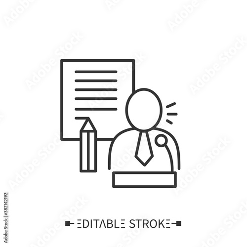 Speechwriting icon. Public relations and effective speechwriting. Activity of writing speeches for delivery by someone else. Marketing brand concept. Isolated vector illustrations. Editable stroke