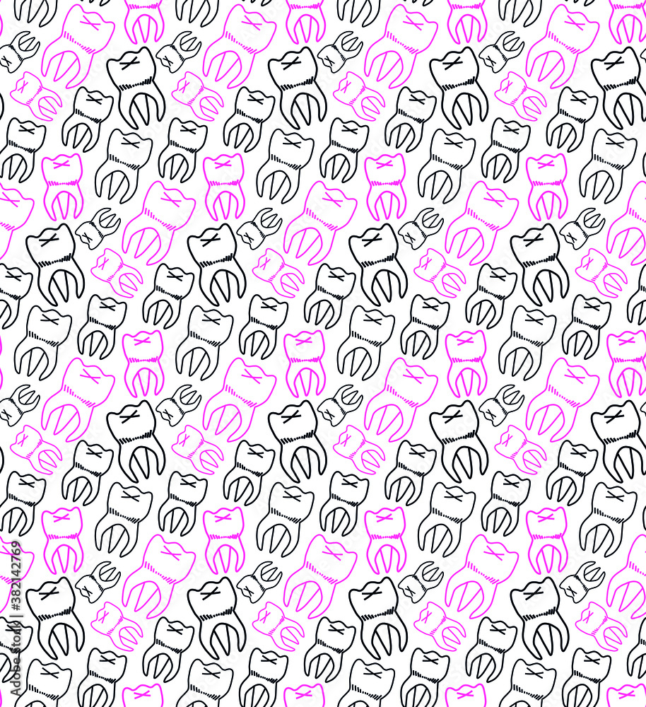 Tooth seamless pattern in pink and black colors 