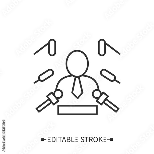 Spokesperson icon. Official representative surrounded by microphones. Press conference.PR manager.Outline drawing. Speaking on behalf of others concept. Isolated vector illustrations. Editable stroke 