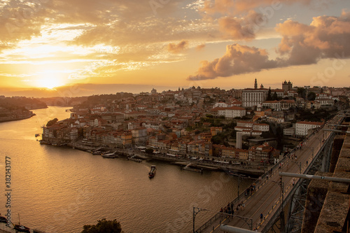 hill with old town of Porto at sunset close up, Portugal