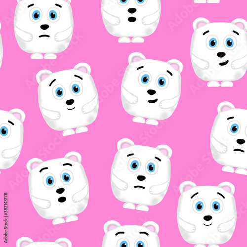 seamless pattern with emotive polar bears on a pink background