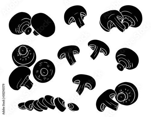 Hand-drawn champignons. Silhouette of mushrooms isolated on a white background. Whole, cut, slices, halves. Black and white vector illustration for food packaging design.