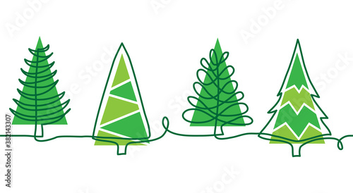 Christmas pine trees doodle border. One continuous line drawing. Simple vector green Christmas trees border.