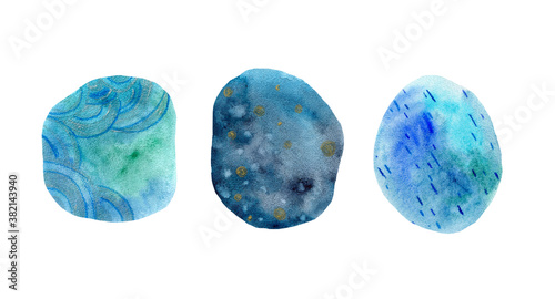 Watercolor, textured, blue spots abstraction, geometric shapes on a white background, for design.