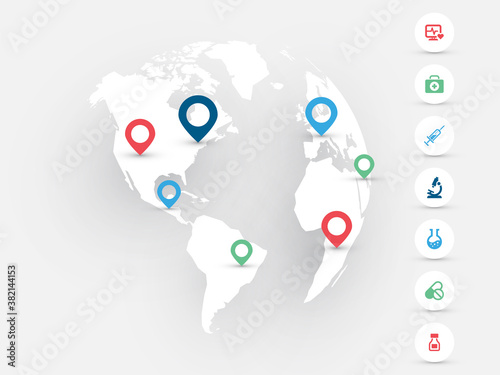 world globe america europe africa with color pins and icons with medical theme