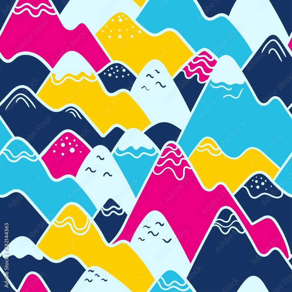Seamless vector pattern with colorful mountains. Background design for banner, wrapping. Vector illustration.