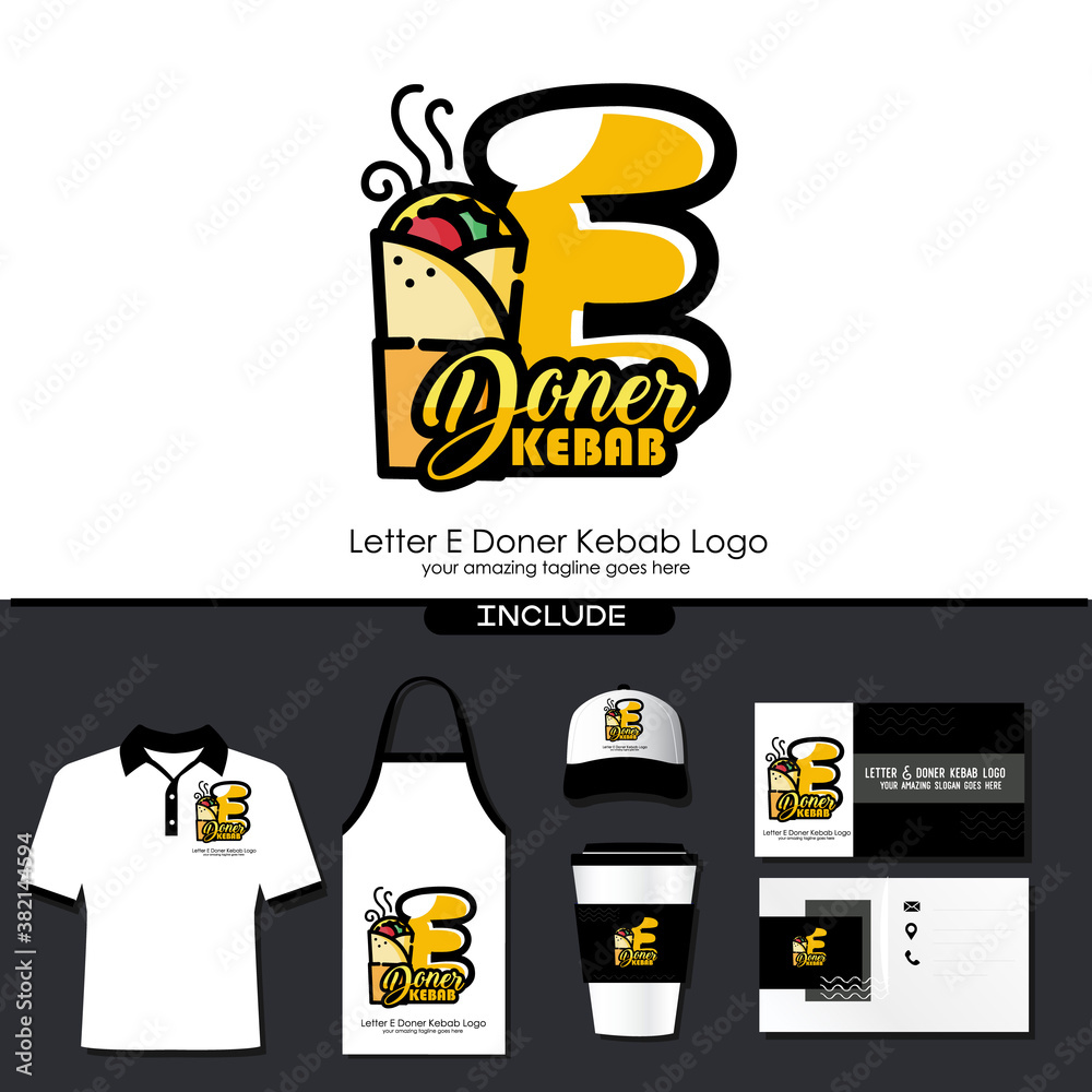 Naklejka premium Letter E Meat Doner Kebab Dishes Vector Logo Design Illustration for Turkish and Arabian Fast Food Restaurant with Brand Identity Include Shirt. Apron. Hat. Cup. Business Card. Initial Typography Logo