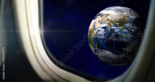 3D illustration spaceship for adventure exploration astronaut tourist with space galaxy universe travel flight from window view see moon star world earth Globe Element of this image furnished by Nasa