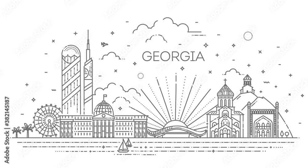 Cityscape with all famous buildings. Georgia skyline composition for design