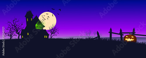 Haunted House with bats and spooky Jack-o-Lantern Pumpkin Vector-Illustration