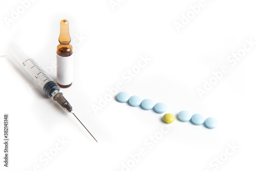 Coronavirus 2019-nCoV outbreak. Capsule, syringe and thermometer on a white isolated background. Pills and drug, care during illness.