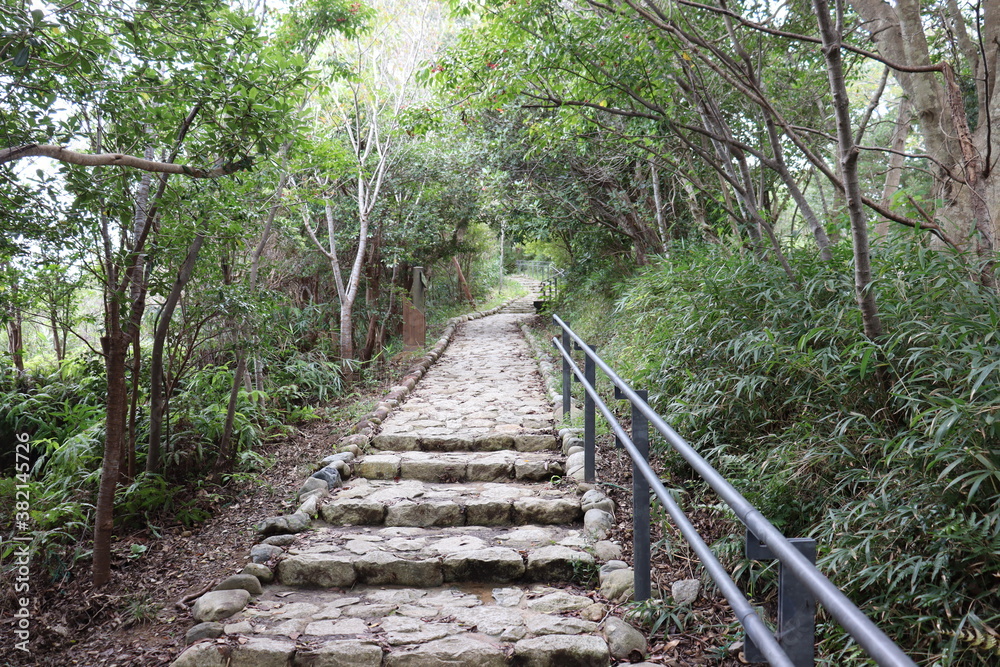 日本の美しく整えられた石の道。