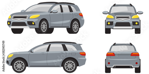 SUV in different views. Grey automobile in cartoon style.