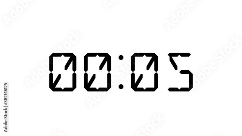 60 second countdown in forward direction up to one minute, simulated digital digital display, numbers on a white isolated background in real time, simulated glitch effect. High quality 4k footage