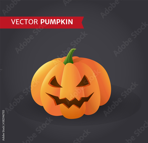 Halloween orange vector pumpkin with a scary face on a dark background. Spooky carved squash for holiday decorations. - Vector