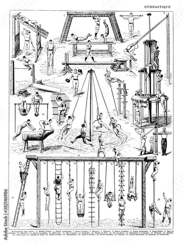 Gymastic collection of sports inside with text / Antique engraved illustration from from La Rousse XX Sciele	 photo