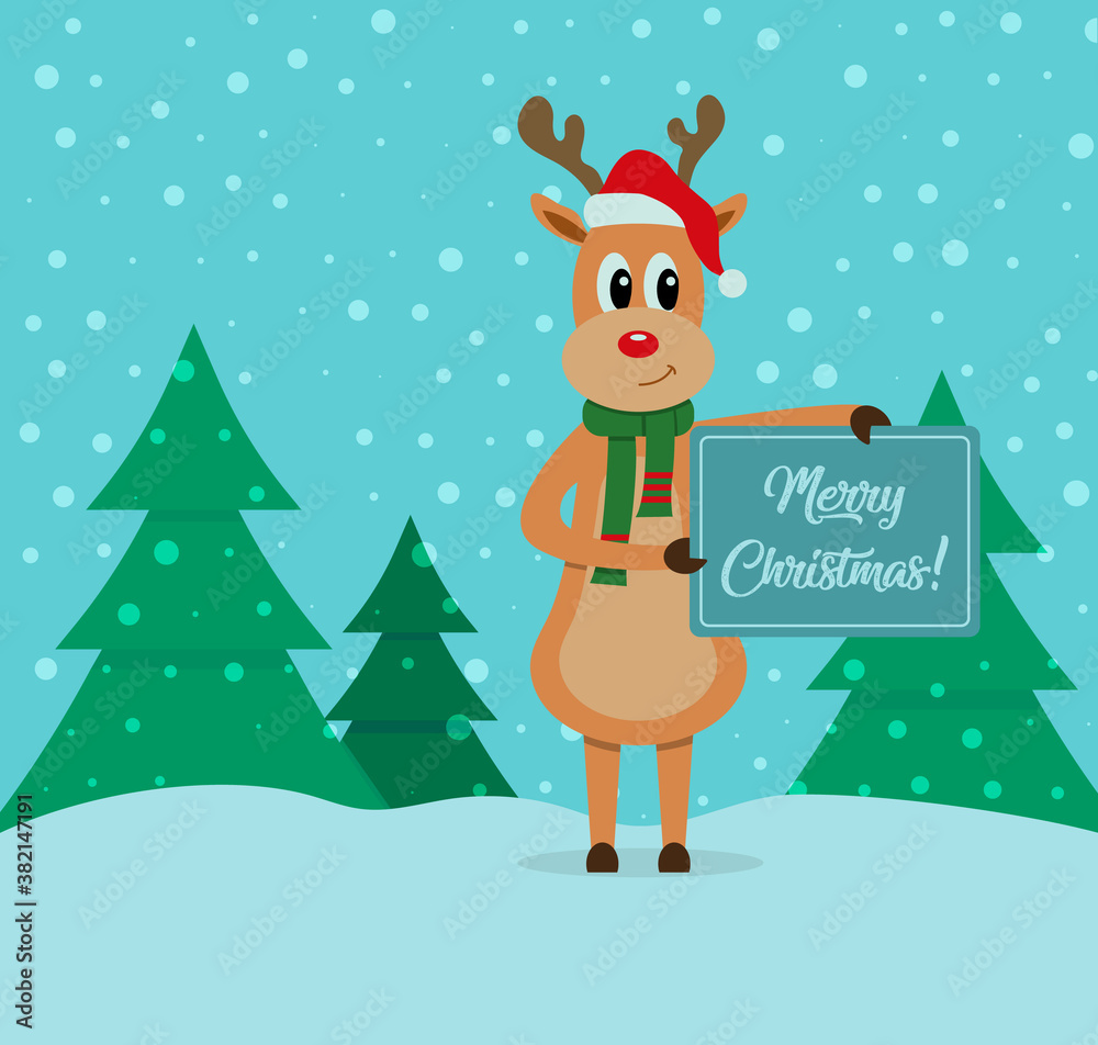 Christmas funny reindeer. Merry Christmas greeting card. Vector illustration.
