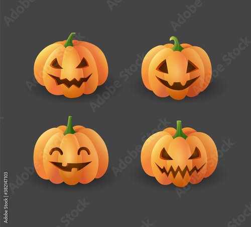 Set of beautiful orange Halloween  carved smiling Pumpkins on a dark background. Jack o'lanterns collection. - Vector