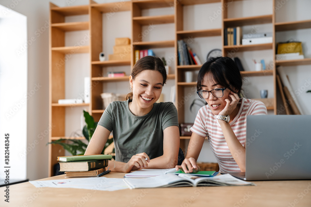 Image of nice multinational student girls doing homework with laptop Image of nice multinational student girls doing homework with laptop