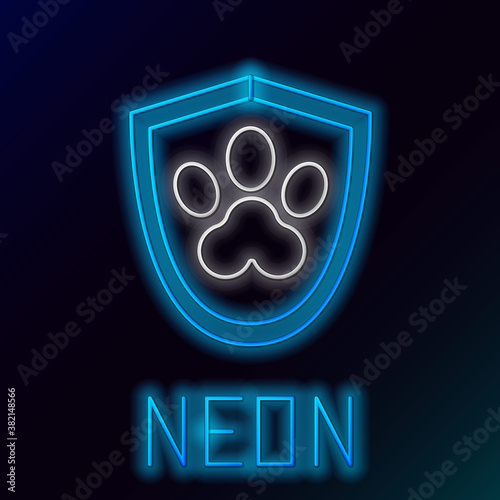 Glowing neon line Animal health insurance icon isolated on black background. Pet protection icon. Dog or cat paw print. Colorful outline concept. Vector.