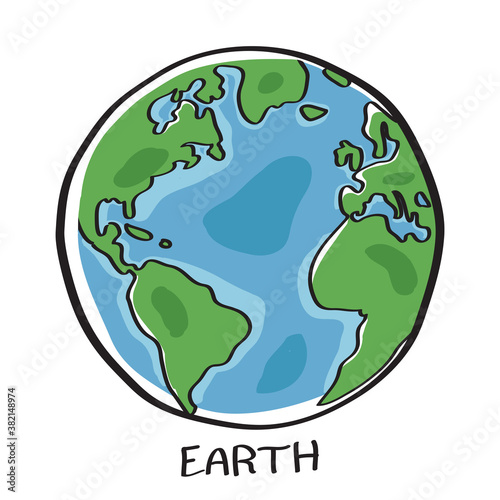 Vector of Earth isolated on white background with text EARTH under image. Free Hand drawn style.