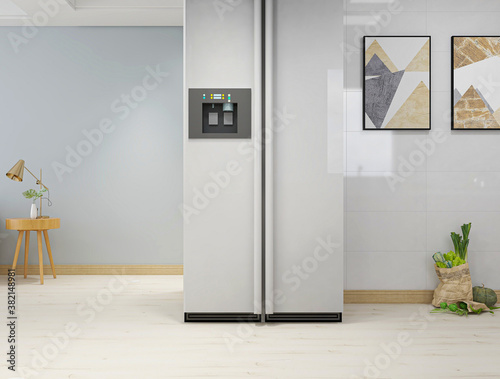 Simple modern family kitchen design, equipped with cabinets, refrigerators and a variety of tableware, but also designed with a bar